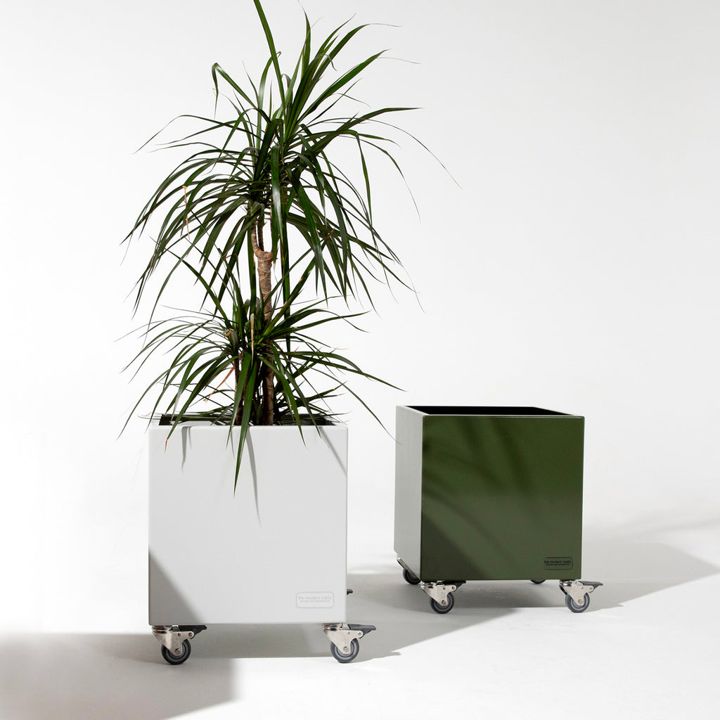 The Modern Rustic Mobile Planter in light grey and olive green